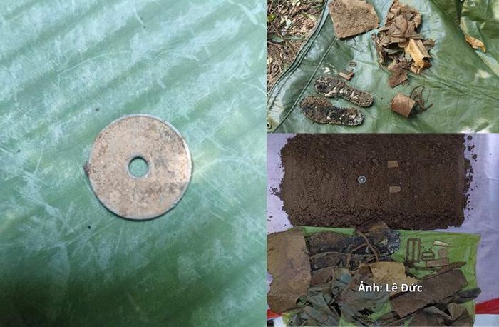 Cúc áo bộ đội, 2 đế giày, khóa thắt lưng, dây dù, mảnh tăng, 1 đồng xu Việt Nam và một vài vật dụng cá nhân của liệt sĩ.