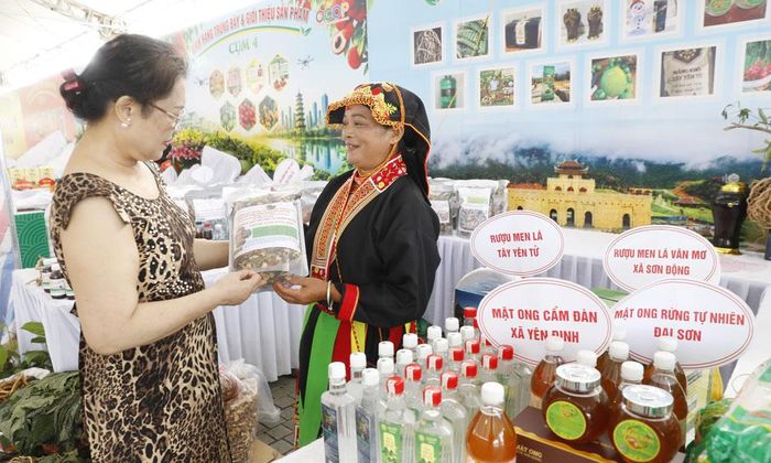 Chị Triệu Thị Hoa, Giám đốc Hợp tác xã Du lịch cộng đồng bản Mậu, xã Tây Yên Tử giới thiệu sản phẩm với khách hàng.
