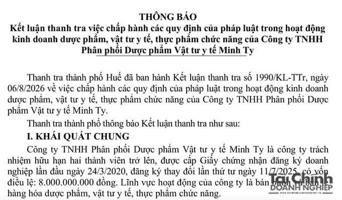 Dược phẩm Vật tư y tế Minh Ty: Loạt vi phạm về kinh doanh dược phẩm, vật tư y tế, nghĩa vụ thuế.