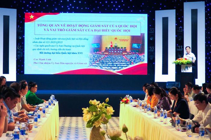 Phó Chủ nhiệm Ủy ban Dân nguyện và Giám sát Cao Mạnh Linh trình bày chuyên đề tổng quan về hoạt động giám sát của Quốc hội và vai trò của ĐBQH. Ảnh: Ảnh: Báo và Phát thanh, Truyền hình Huế