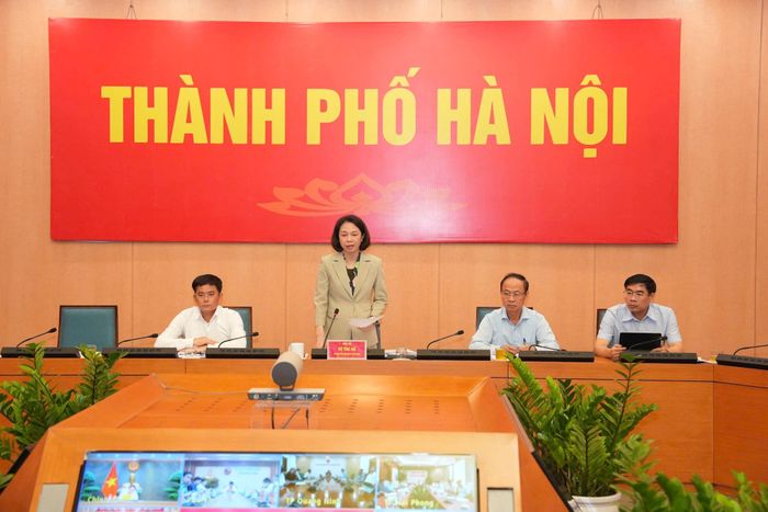 Phó Chủ tịch UBND thành phố Vũ Thu Hà phát biểu tại điểm cầu Hà Nội. Ảnh: Linh Phạm