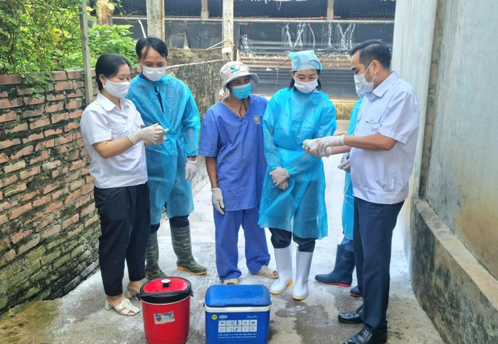 Đoàn công tác kiểm tra việc bảo quản vắc xin phòng chống dịch bệnh cho gia súc, gia cầm của xã Sơn Đồng. Ảnh: Ánh Dương