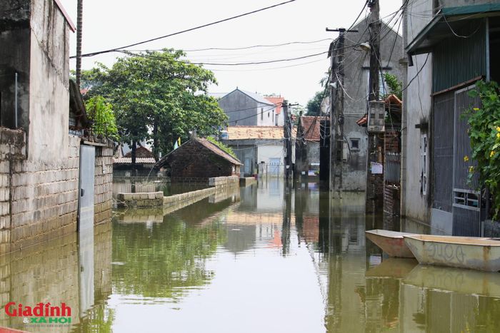 Còn tại thôn Đồng Dâu, xã Quảng Bị, nước lũ đã bao vây khu dân cư suốt nhiều ngày. Những tuyến đường vốn đông người qua lại nay biến thành dòng nước đục. Phương tiện di chuyển chủ yếu của người dân là thuyền, bè.