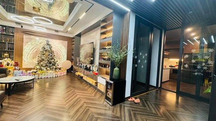 Khu vực phòng khách là nơi có diện tích lớn nhất, được vợ chồng Hồng Đăng sắm sửa rất nhiều đồ nội thất sang-xịn-mịn. Toàn bộ không gian được thiết kế theo phong cách hiện đại với gam màu nâu chủ đạo. Đặc biệt, nam diễn viên cho ốp trần gương để tạo độ sâu cho căn phòng này.