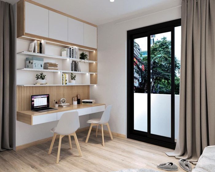 Bàn học đôi kết hợp kệ sách và tủ decor đẹp mắt.