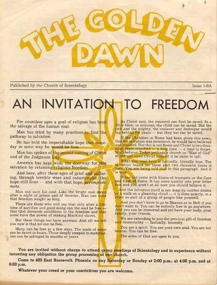 Tờ rơi “The Golden Dawn” được Scientology phát hành để tôn vinh giáo phái (Nguồn: Espionagehistoryarchive.com)