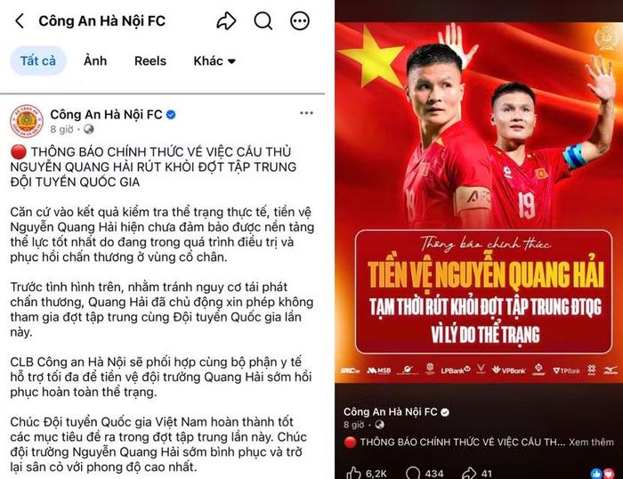 Liên đoàn bóng đá Việt Nam và CLB chủ quản Công an Hà Nội thông báo Quang Hải rút khỏi FIFA ASEAN Cup 2026 vì chấn thương cổ chân (Ảnh chụp màn hình)
