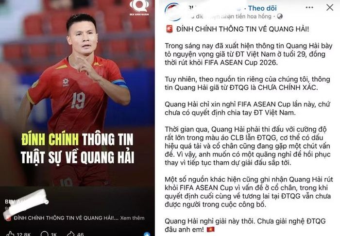 Một trang mạng xã hội có 1,6 triệu người theo dõi đính chính thông tin "Quang Hải giã từ đội tuyển quốc gia" đã đăng tải sai sự thật trước đó (Ảnh chụp màn hình)
