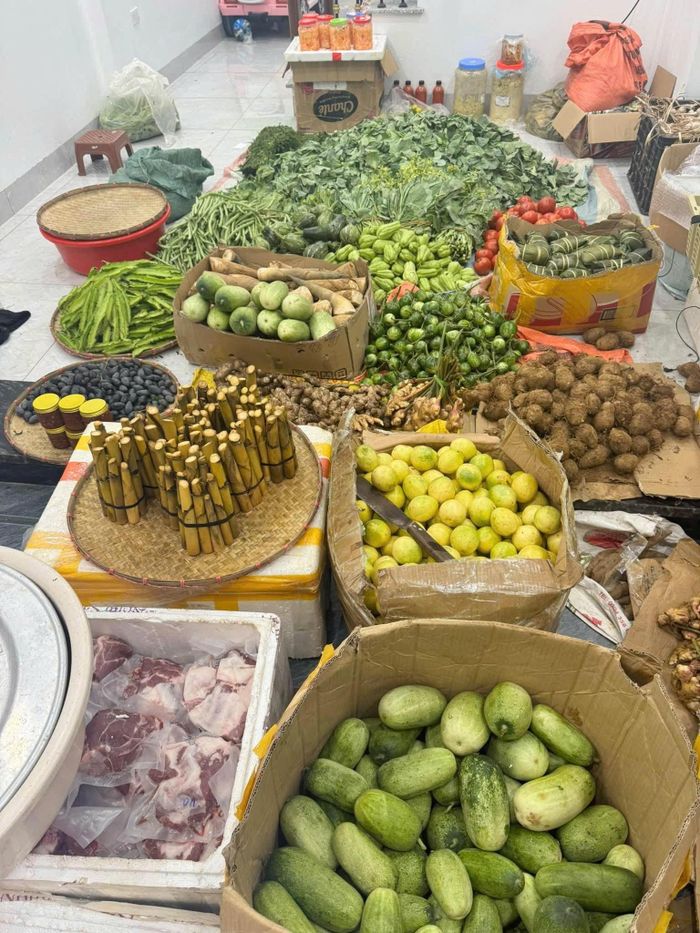 Rau củ quả tươi ngon bày kín phòng khách nhà Oanh.