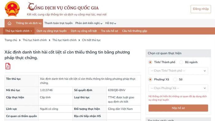 Thủ tục "Xác định danh tính hài cốt liệt sĩ còn thiếu thông tin bằng phương pháp thực chứng" trên Cổng Dịch vụ công quốc gia.