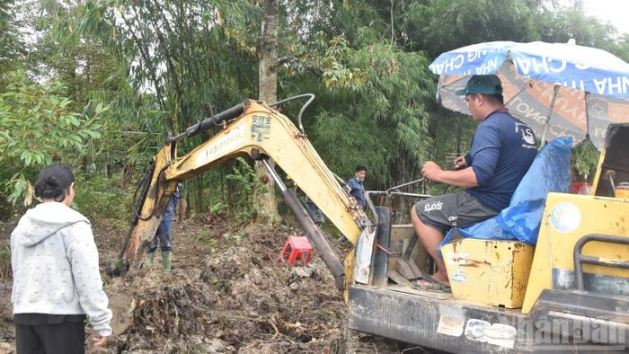 Bà Lê Thị Đón theo dõi Đội K91 tìm kiếm liệt sĩ tại vườn sầu riêng của gia đình.