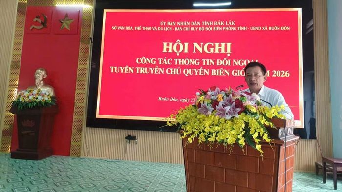 Phó Giám đốc Sở Văn hóa, Thể thao và Du lịch tỉnh Đắk Lắk Nguyễn Quốc Hiệp phát biểu tại hội nghị. (Ảnh: CTV)