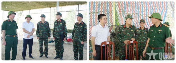 Đoàn công tác kiểm tra công tác chuẩn bị diễn tập tại phường Quảng Yên (ảnh trái) và tại phường Hoành Bồ (ảnh phải).