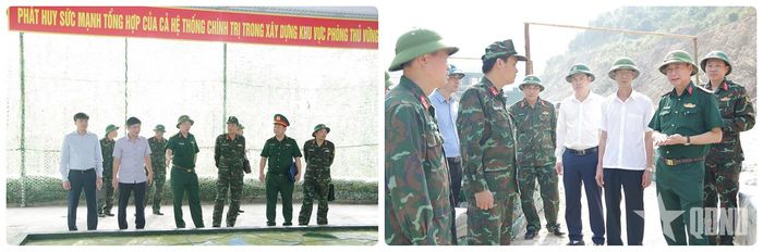 Đoàn công tác kiểm tra công tác chuẩn bị diễn tập tại phường An Sinh (ảnh trái) và tại phường Bình Khê (ảnh phải).