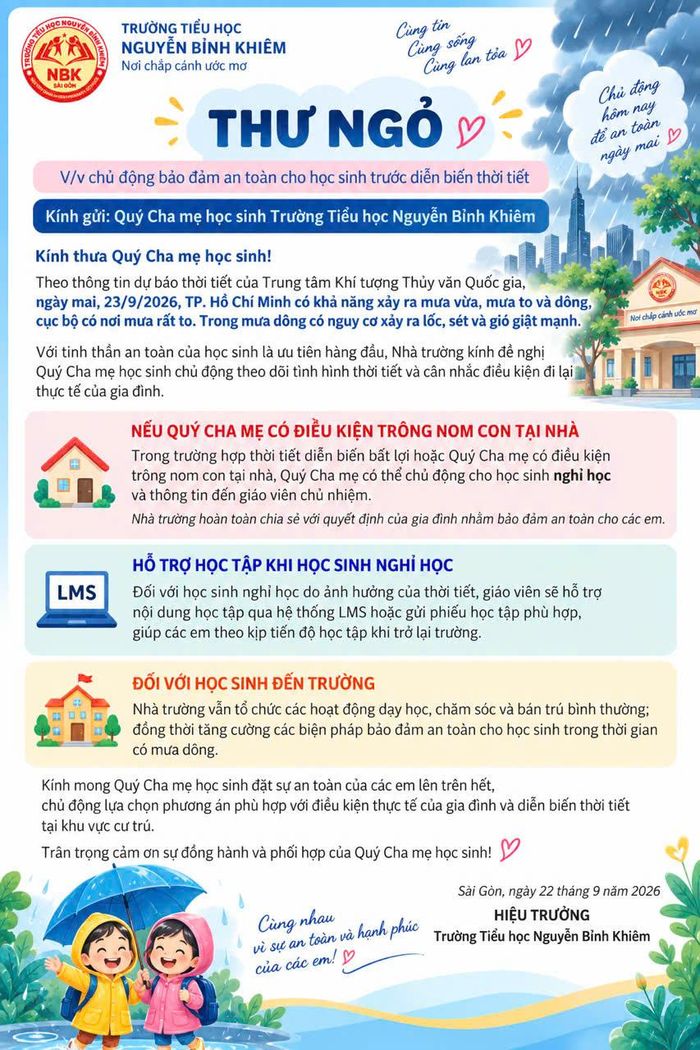Thư gửi học sinh và phụ huynh học sinh của Trường Tiểu học Nguyễn Bỉnh Khiêm (phường Sài Gòn)