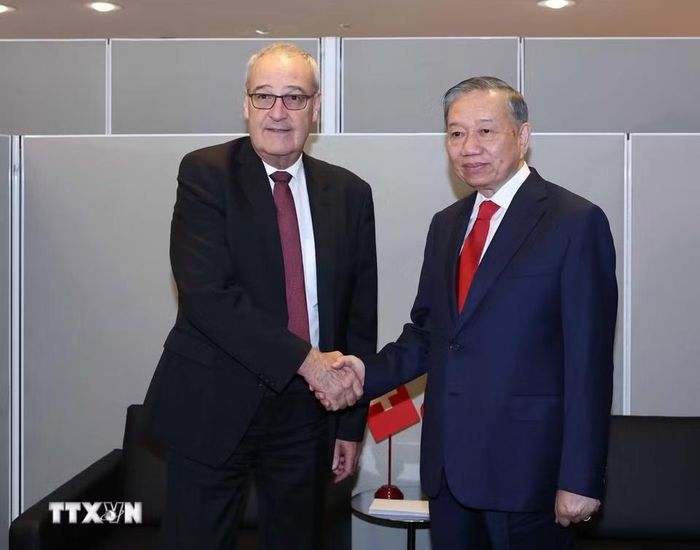  Tổng Bí thư, Chủ tịch nước Tô Lâm gặp Tổng thống Thuỵ Sĩ Guy Parmelin. Ảnh: TTXVN 