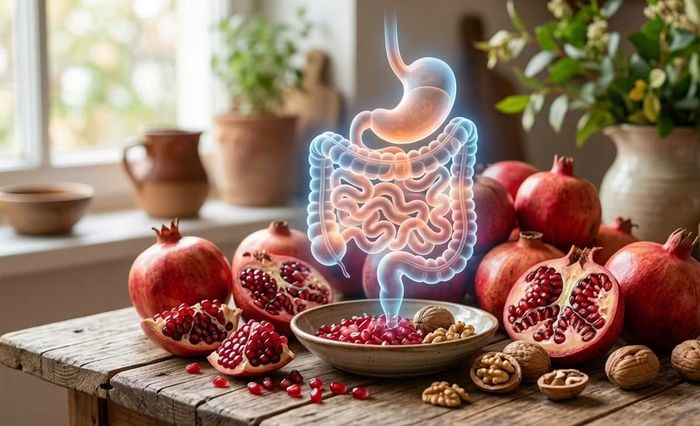 Urolithin A được hình thành sau khi ăn quả lựu và quả óc chó thông qua tương tác với hệ vi sinh đường ruột.