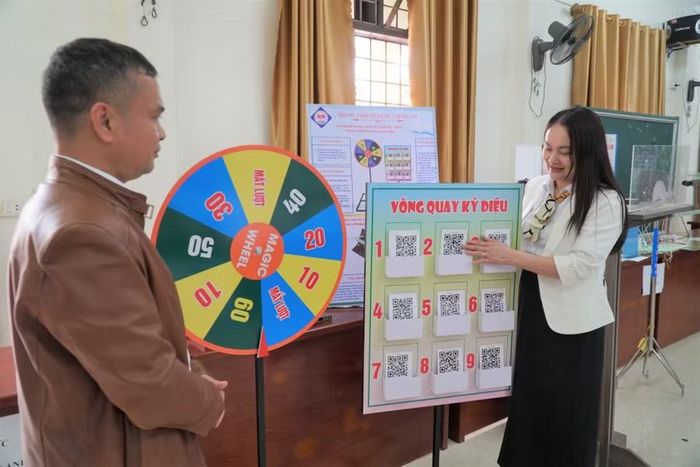 Cô Nguyễn Thị Kim Thúy giới thiệu Bánh xe ma thuật - ứng dụng trong dạy học tiếng Anh. Ảnh: Hồ Lài
