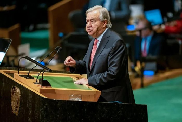 Tổng thư ký LHQ Antonio Guterres phát biểu tại Đại hội đồng LHQ ngày 22/9. (Nguồn: The New York Times)