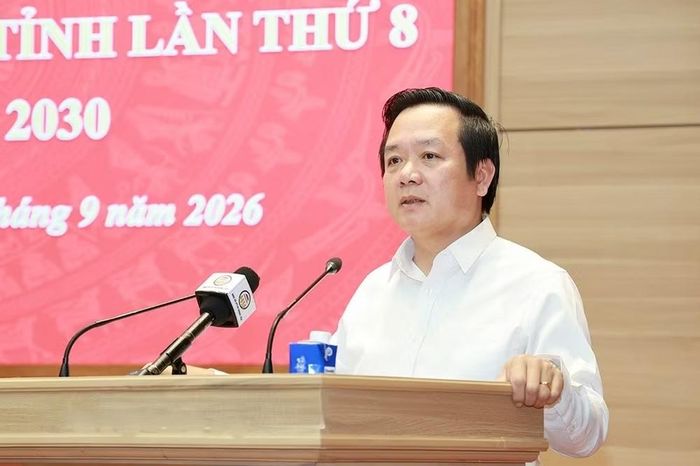 Ông Phạm Quang Ngọc, Ủy viên Ban Chấp hành Trung ương Đảng, Bí thư Tỉnh ủy phát biểu tại hội nghị. Ảnh: Lê Hiếu