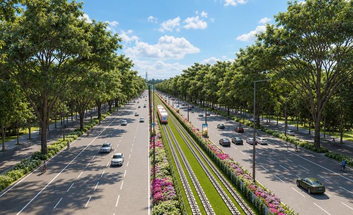 Phối cảnh tuyến LRT nằm giữa đại lộ 10 làn xe từ sân bay Phú Quốc đến Trung tâm Hội nghị APEC
