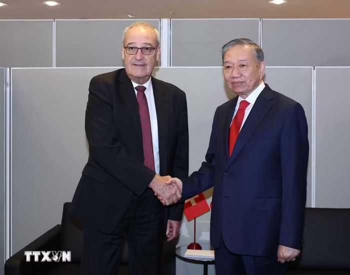 Tổng Bí thư, Chủ tịch nước Tô Lâm gặp Tổng thống Thụy Sĩ Guy Parmelin. (Ảnh: Thống Nhất/TTXVN)