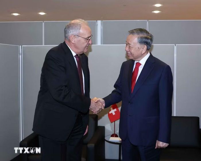 Tổng Bí thư, Chủ tịch nước Tô Lâm gặp Tổng thống Thụy Sĩ Guy Parmelin. (Ảnh: Thống Nhất/TTXVN)