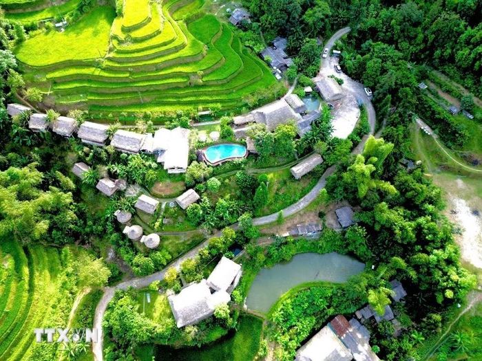 Làng du lịch cộng đồng Nậm Hồng, xã Thông Nguyên (Tuyên Quang) nằm giữa những thửa ruộng bậc thang, tạo thành điểm nhấn độc đáo thu hút du khách. (Ảnh: Triệu Quyên/TTXVN phát)