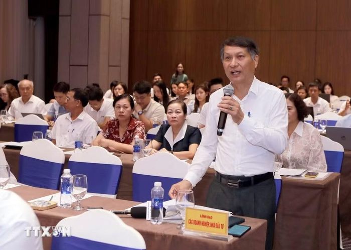 Ông Nguyễn Đình Vĩnh, Ủy viên Hội đồng Quản trị Công ty Cổ phần Thương mại và Đầu tư Công nghệ Đô Thành, trình bày kiến nghị tại hội nghị. (Ảnh: Hoàng Hùng/TTXVN)