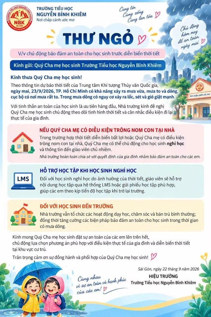 Nhiều phương án đảm bảo an toàn cho học sinh được Trường Tiểu học Nguyễn Bỉnh Khiêm thông báo đến phụ huynh.