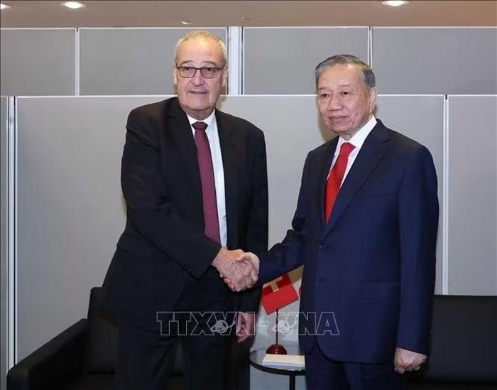 Tổng Bí thư, Chủ tịch nước Tô Lâm gặp Tổng thống Thuỵ Sĩ Guy Parmelin. Ảnh: Thống Nhất/TTXVN.