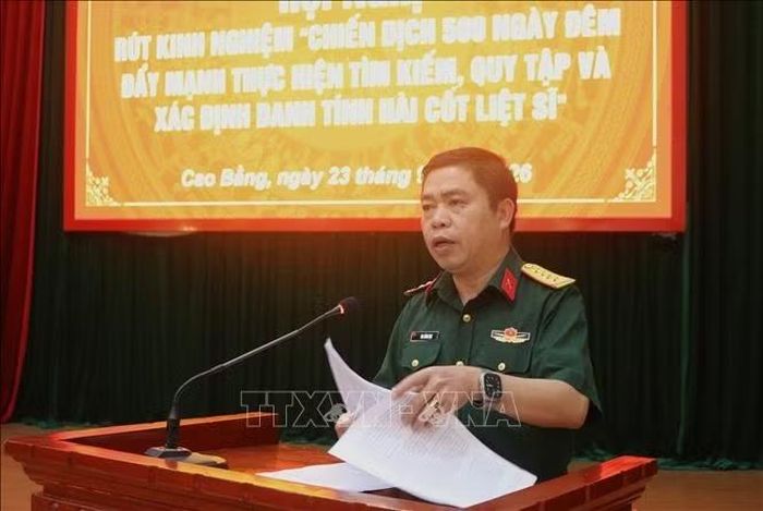 Đại tá Đại tá Ma Công Học, Chính ủy Bộ Chỉ huy Quân sự tỉnh Cao Bằng phát biểu. Ảnh: Chu Hiệu/TTXVN