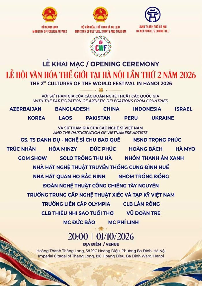 Lễ khai mạc Lễ khai mạc Lễ hội Văn hoá Thế giới tại Hà Nội hứa hẹn mang đến bữa tiệc nghệ thuật đa quốc gia hấp dẫn phục vụ công chúng.
