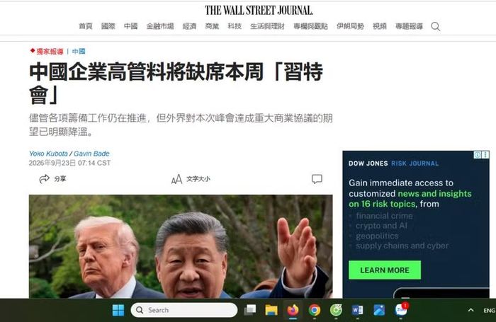 Tờ WSJ ngày 23/9 đưa tin: Các sếp của các doanh nghiệp công nghệ Trung Quốc sẽ vắng mặt tại cuộc gặp gỡ Donald Trump - Tập Cận Bình tuần này. Ảnh chụp màn hình.
