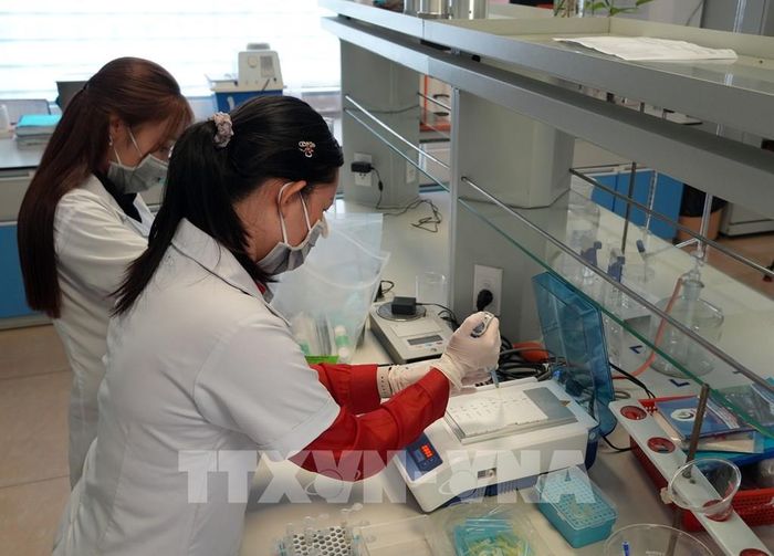 Công nhân đang làm việc tại phòng thí nghiệm của Công ty TNHH Hải Đại (Khu công nghiệp Hòa Phú, xã Phú Quới, tỉnh Vĩnh Long). Ảnh: Phạm Minh Tuấn-TTXVN