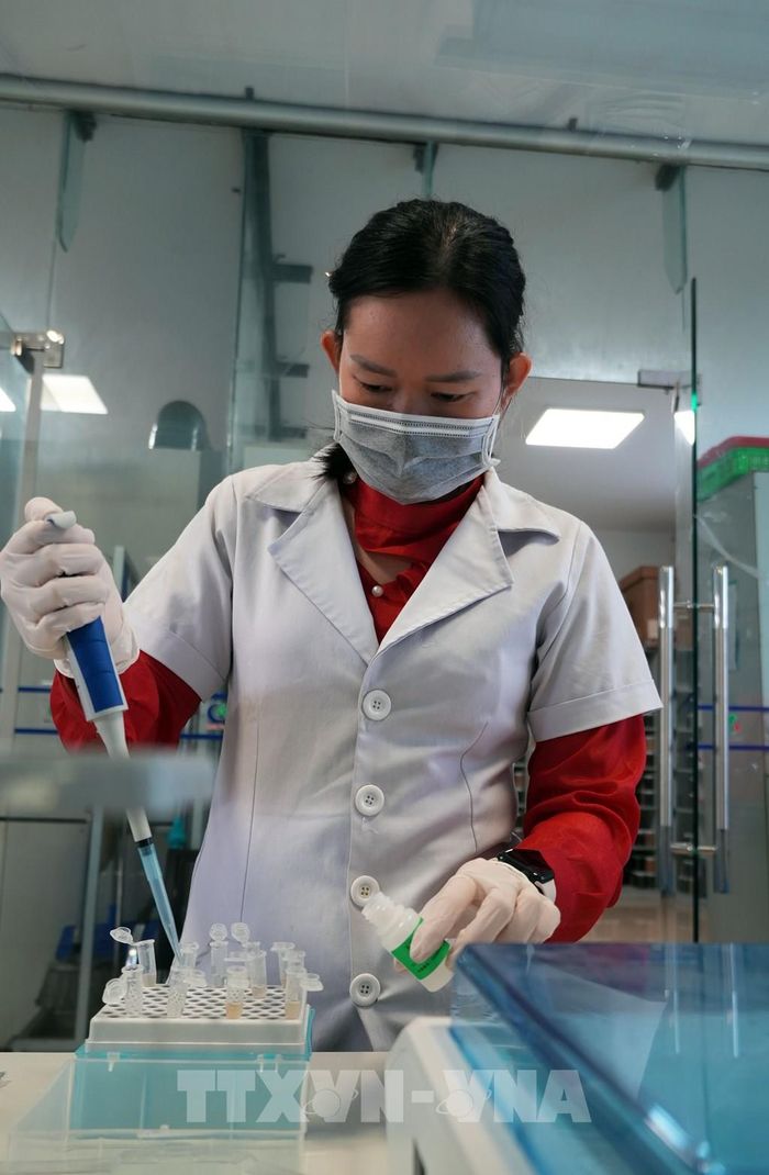 Công nhân đang làm việc tại phòng thí nghiệm của Công ty TNHH Hải Đại (Khu công nghiệp Hòa Phú, xã Phú Quới, tỉnh Vĩnh Long). Ảnh: Phạm Minh Tuấn-TTXVN