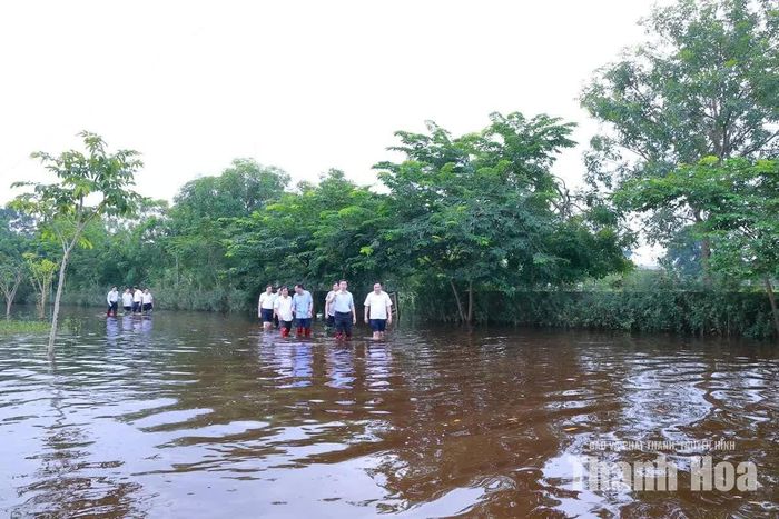 Phó Bí thư Thường trực Tỉnh ủy Nguyễn Hồng Phong và đoàn công tác kiểm tra tình trạng ngập lụt tại một số trường học trên địa bàn xã Đồng Tiến.