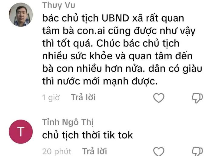Một số bình luận của người dùng TikTok khi xem nội dung clip do Chủ tịch UBND xã Kim Tân đăng tải.