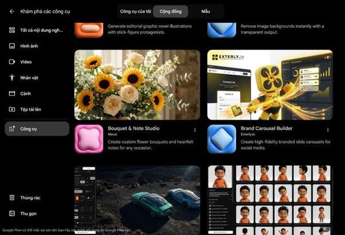 Vào Google Flow, chọn Công cụ và mở tab Cộng đồng. Trong mục Hình ảnh, thẻ Brand Carousel Builder nằm cạnh Bouquet & Note Studio.