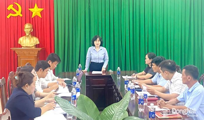 Thành ủy viên, Phó Chủ tịch UBND thành phố Đồng Nai Nguyễn Thị Cát Tiên phát biểu tại buổi làm việc với UBND xã An Phước. Ảnh: Phùng Viện