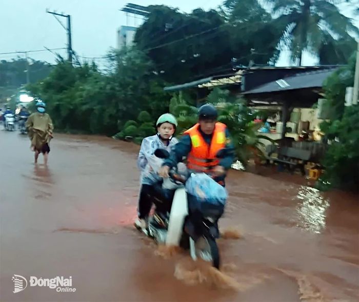 Mưa kéo dài gây ngập lụt khiến người dân lưu thông khó khăn, nhất là việc đưa, đón học sinh. Ảnh: ĐVCC