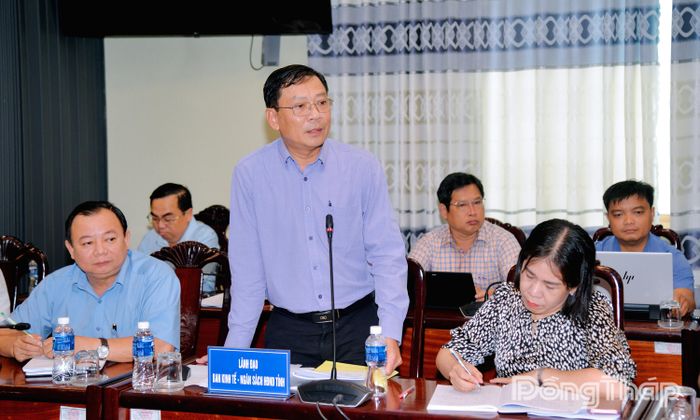 Trưởng Ban Kinh tế - Ngân sách HĐND tỉnh Lê Hoàng Khương phát biểu tại cuộc họp.