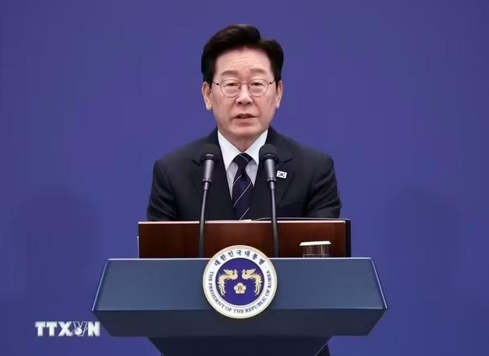 Tổng thống Hàn Quốc Lee Jae Myung phát biểu tại cuộc họp báo ở Seoul. Ảnh: Yonhap/TTXVN phát