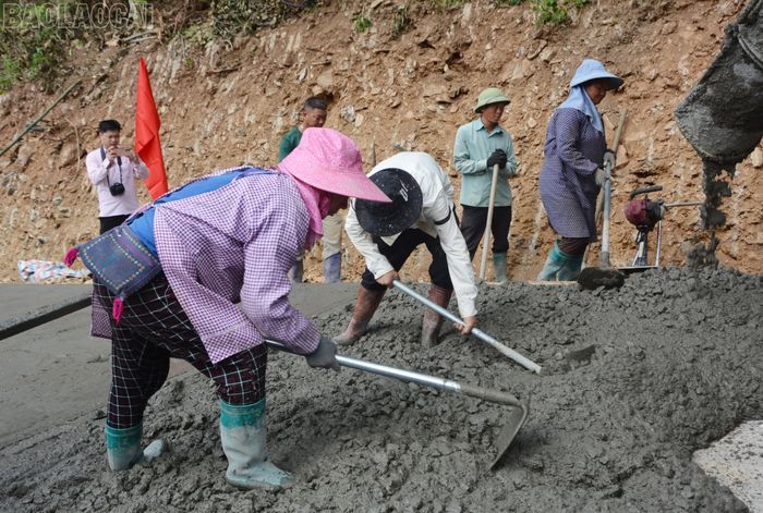  Các đồng chí lãnh đạo tỉnh và người dân xã Pha Long tham gia thi công tuyến đường Vũ Sà - Bờ Sông. 