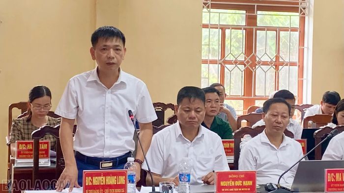 Đồng chí Nguyễn Hoàng Long - Bí thư Đảng ủy, Chủ tịch HĐND xã Cảm Nhân phát biểu tại buổi làm việc.