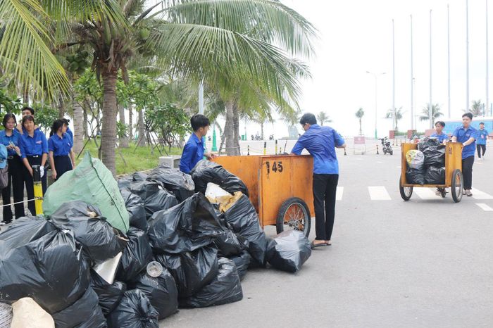 Nhiều rác thải nhựa được các bạn trẻ thu gom, tập kết, đưa đi tiêu hủy