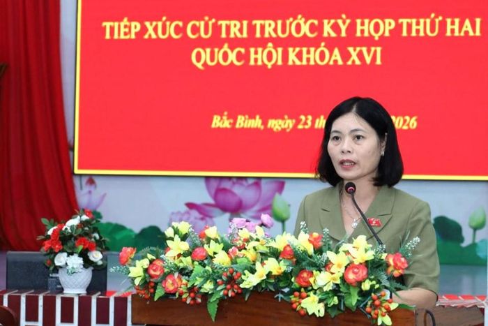 ĐBQH Trần Thị Oanh, Phó Chủ tịch Hội Nông dân tỉnh báo cáo nội dung cử tri quan tâm tại buổi tiếp xúc