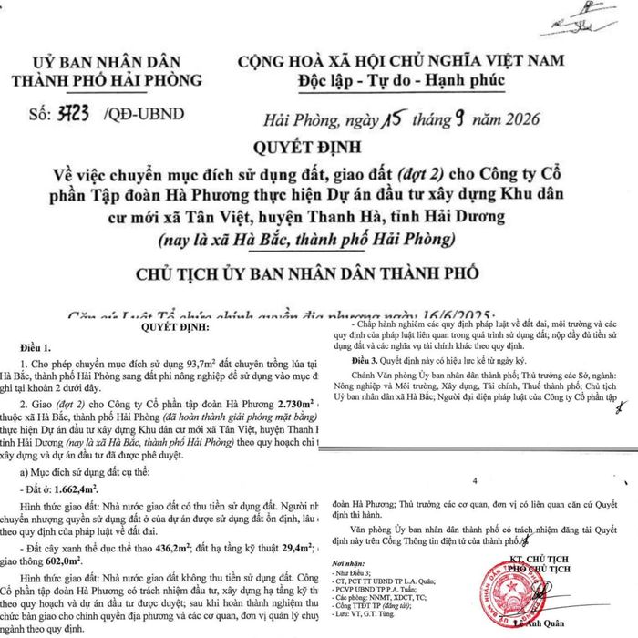 Quyết định số 3723/QĐ-UBND do ông Lê Anh Quân, Phó Chủ tịch UBND TP Hải Phòng ký ngày 15/9/2026