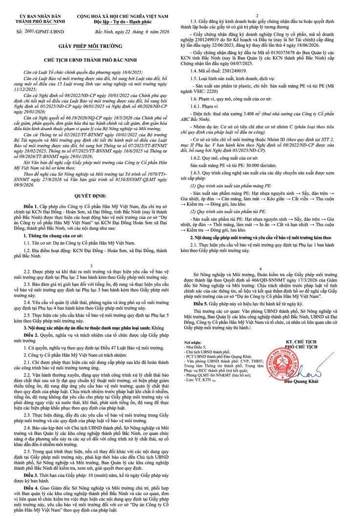 Giấy phép môi trường số 2601/GPMT-UBND do Phó Chủ tịch UBND Thành phố Bắc Ninh Đào Quang Khải ký ngày 22/9/2026.