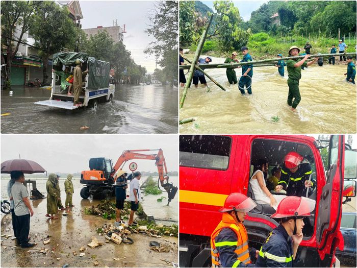 Lực lượng Công an Nghệ An bám địa bàn, hỗ trợ người dân và xử lý các tình huống phát sinh do mưa lớn, ngập lụt. Ảnh: Công an Nghệ An